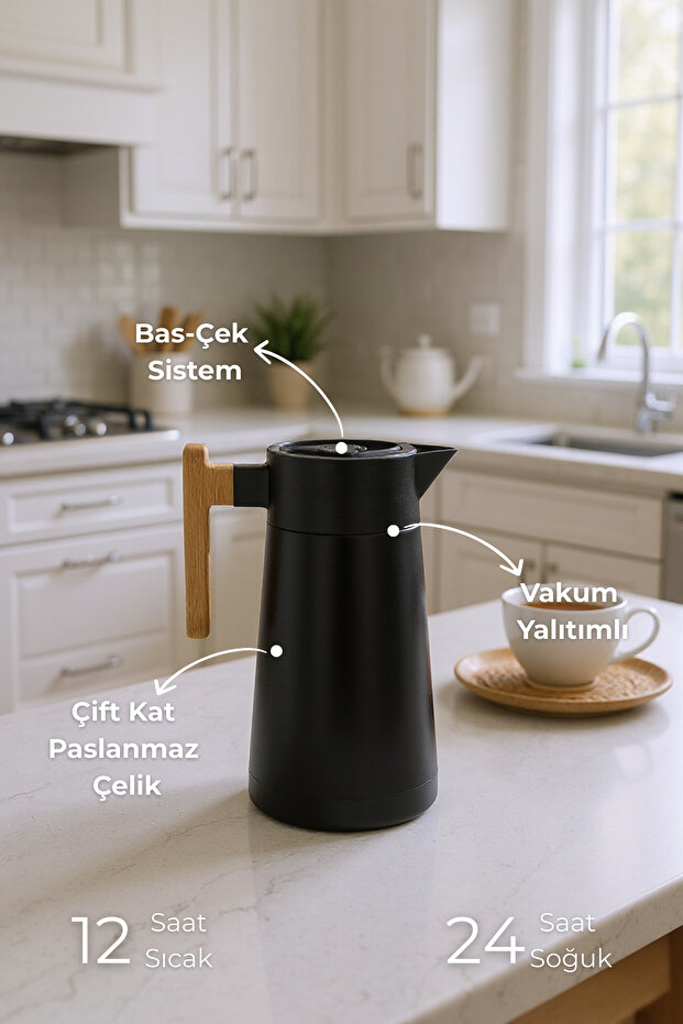 North Bambu Saplı Çelik Termos Siyah 2 Litre - 3