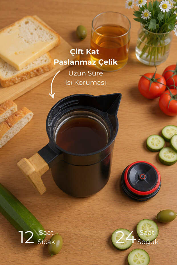 North Bambu Saplı Çelik Termos Siyah 2 Litre - 4