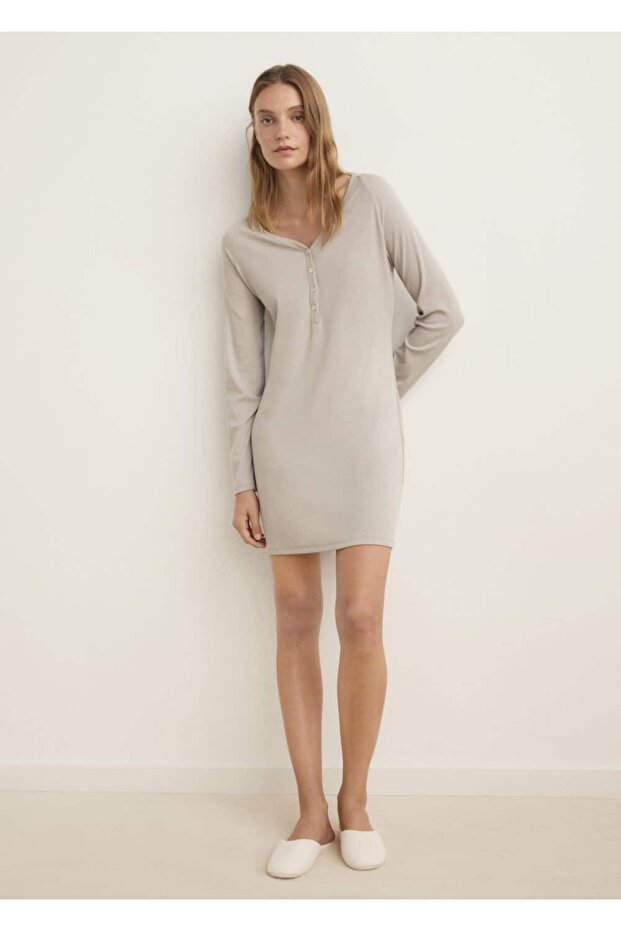 Düğmeli ribana kumaş gecelik - 2