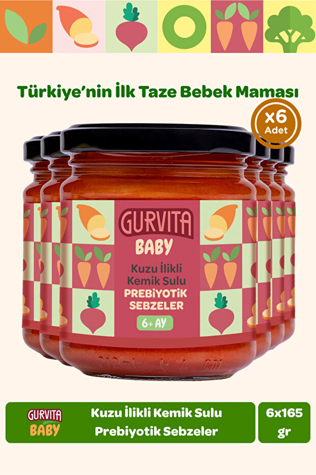 Gurvita Baby Kuzu Ilikli Kemik Sulu Prebiyotik Sebze Püreli Kavanoz Mama 165 gr 6 Adet