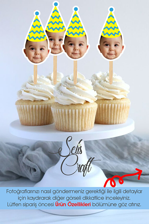 SelisCraft Kişiye Özel Fotoğraflı Parti Doğum Günü Cupcake Pasta Kürdanı Bebek Çocuk Dekor Süslemesi 12 adet
