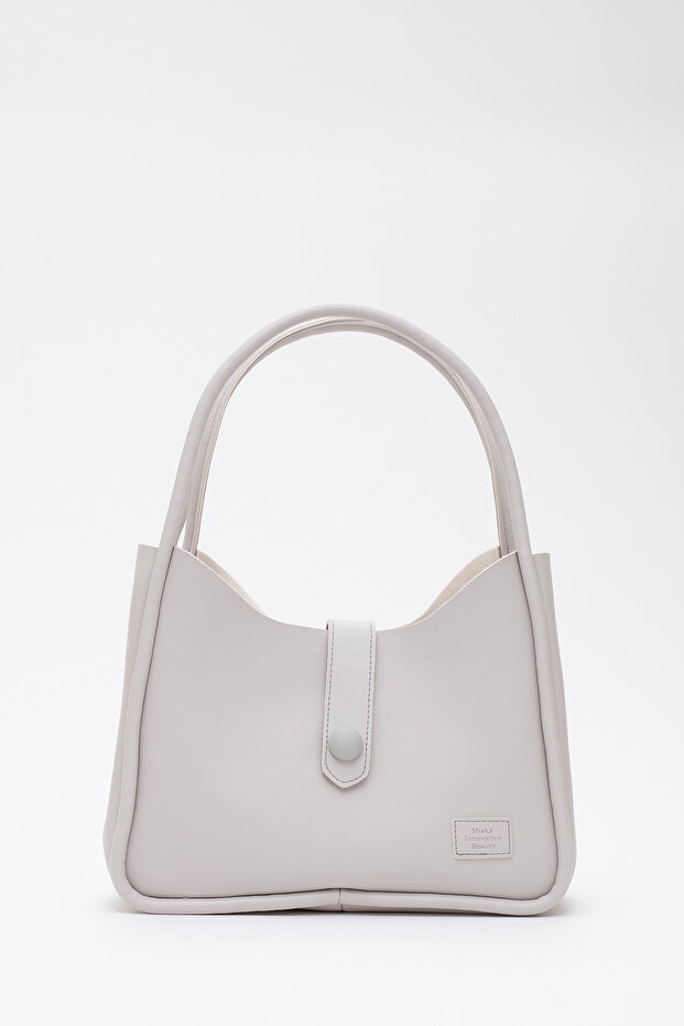 Gray Shk79 Leather Button Detailed Hand and Shoulder Bag with Snap Fastener Makeup Bag E:30 L:22 W:10