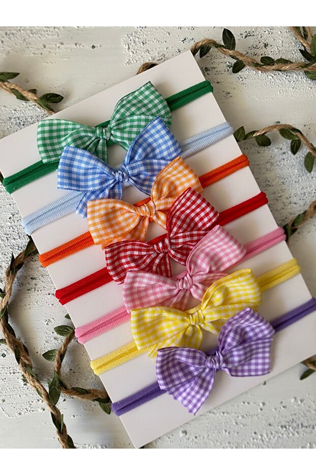 Newborn Compatible Gingham Patterned Hair Band Set of 7