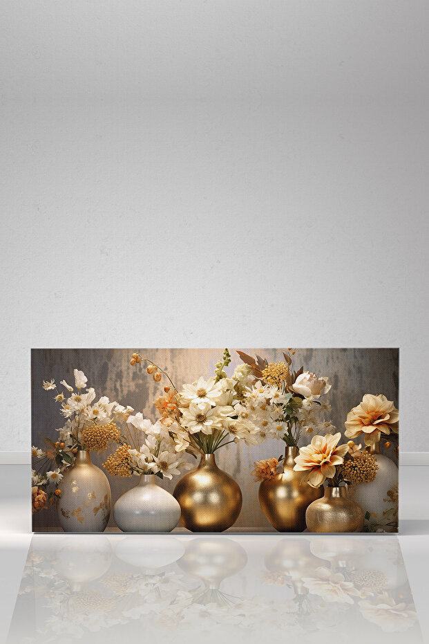 Gold Vazoda Çiçekler Tek Parça Kanvas - Canvas Tablo - 6