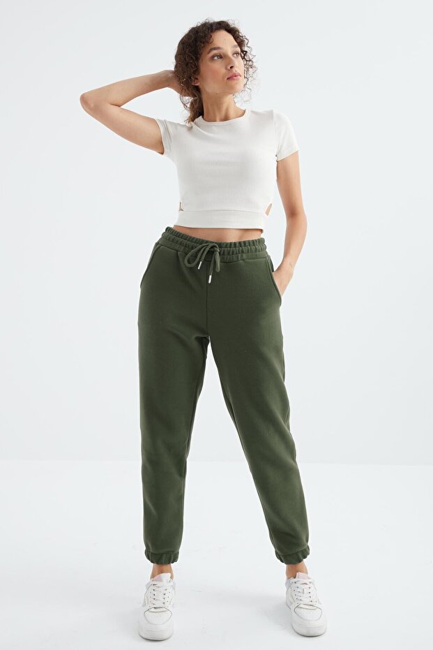 Çağla Yüksek Bel Basic Bağcıklı Jogger Polar Kadın Eşofman Alt - 94622 - 3