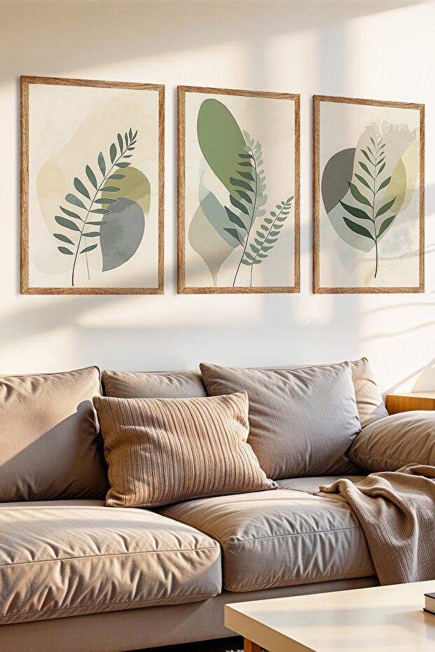3 Piece Green Leaf Themed Wooden Frame Look Mdf Painting Set