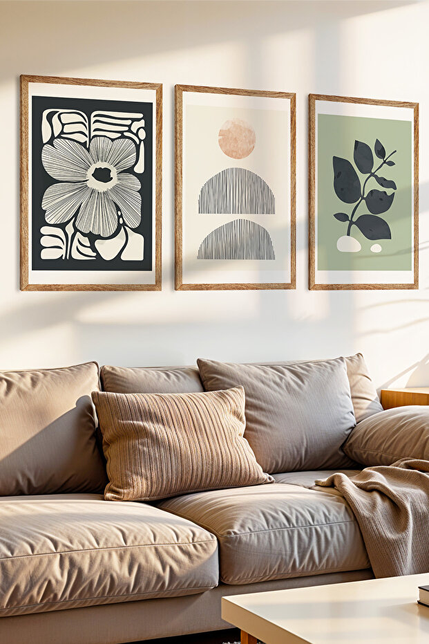 3 Piece Natural and Abstract Harmony Themed Mdf Painting Set with Wooden Frame Look