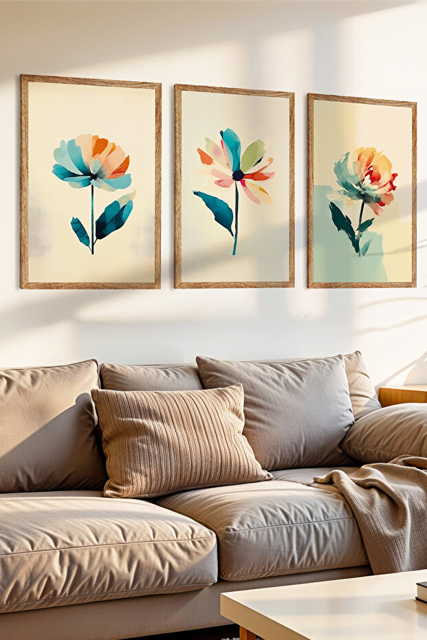 3 Pieces Clear Brushes and Light Flowers Themed Wooden Frame Look Mdf Painting Set