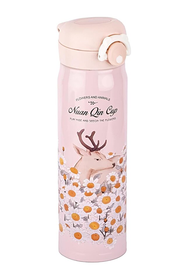 050-01-PINK YELLOW FLOWER PATTERNED STAINLESS STEEL THERMOS 500ML
