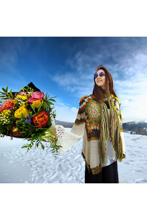 El Örgüsü Retro Beşgen Motifli Boho Çok Renkli Hırka - 9