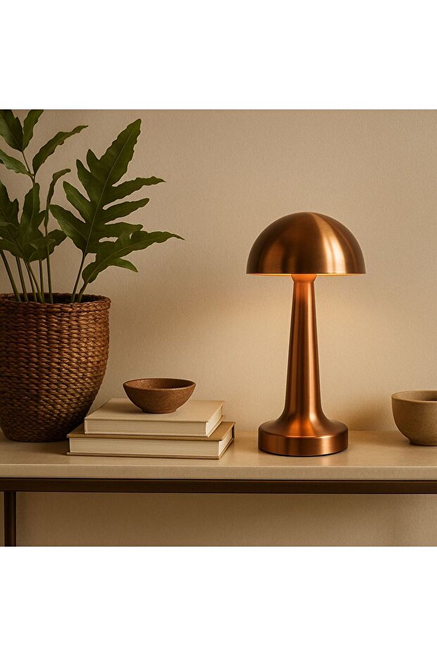 Şarjlı Bronz Renk LED Masa Lambası – Mantar Model, 3 Renk Ayarlı - 4