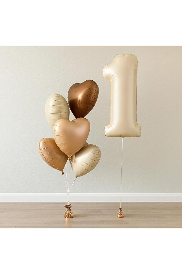 -1- Age Retro Beige Number Foil Balloon Heart Birthday Set