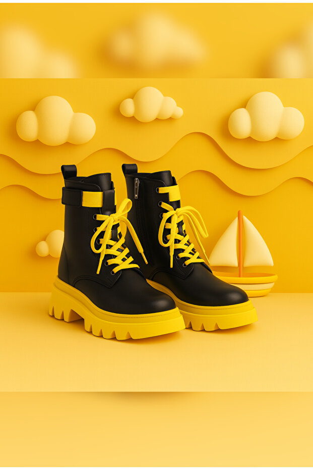 Sarı Siyah Sıcak Tutan Astarlı Chunky Kaymaz Rahat Taban Çocuk Kışlık Bot Dayanıklı Rahat - 1