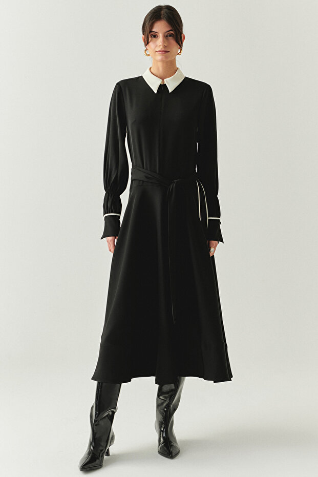 Long Sleeve Belted Low Waist Regular Black Midi Dress