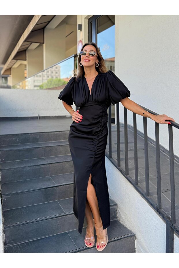 Women's Draped Slit Balloon Sleeve Black Dress