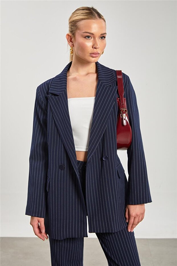 Women's Striped Blazer Jacket with Pocket Flaps - Navy Blue