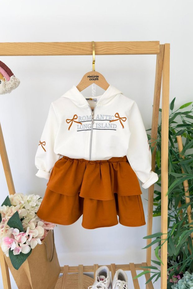My Little Girl's Romantic Layered Skirt Hooded Girl's 2-Piece Set - Cinnamon
