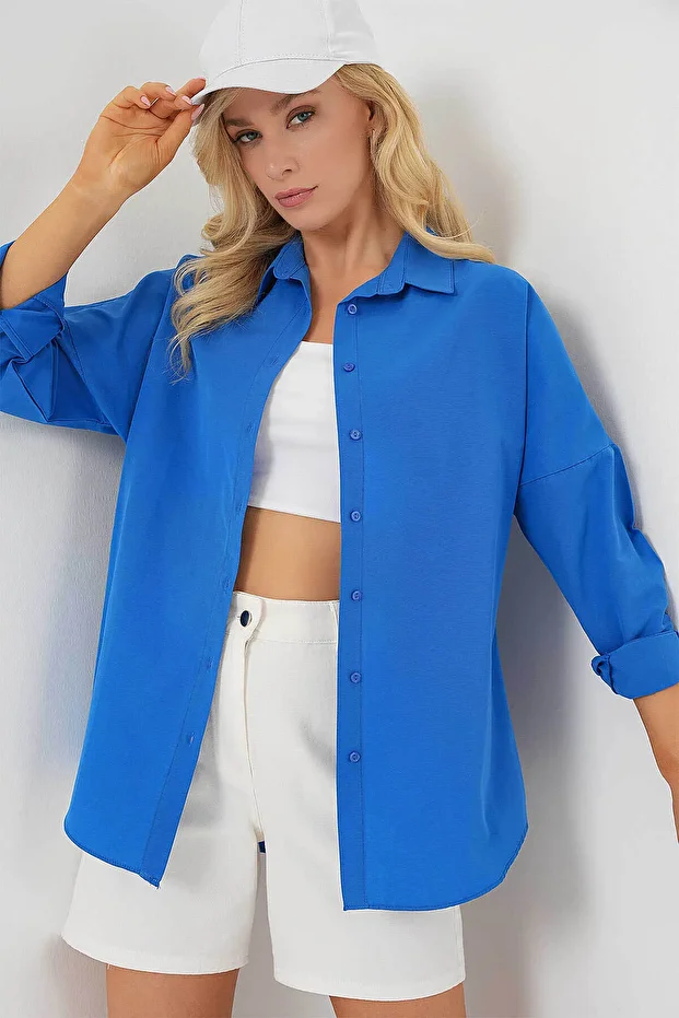 Oversize Uzun Basic Saks Kadın Gömlek 3900 - 1