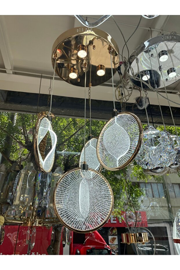 Midye 4'Lü 42 Watt Yuvarlak Gold Ledli Kumandalı Modern Salon Avize - 3