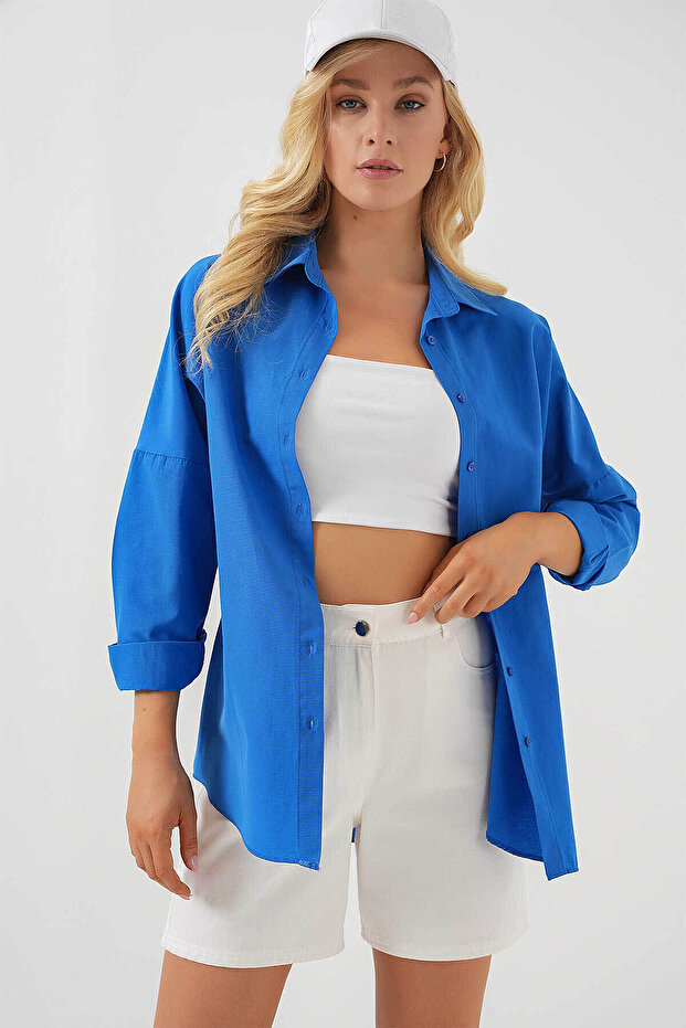 Oversize Uzun Basic Saks Kadın Gömlek 3900 - 5