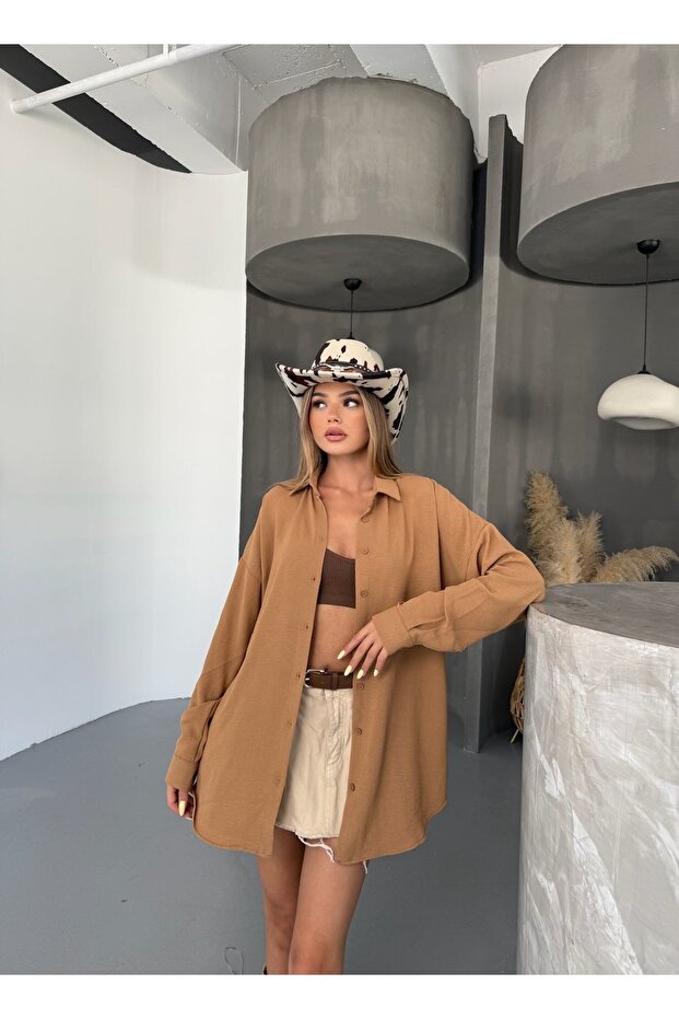 Kadın Karamel Oversize Keten Ayrobin Gömlek - 3