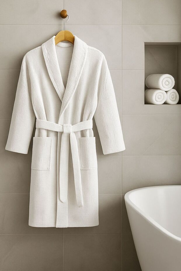 Pike waffle Desenli Şal Yaka Bornoz Otel Tipi Beyaz Lüks %100 Pamuklu Geniş Kalıplı - 2