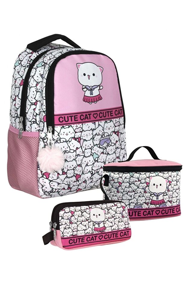 Setumt5012A Triple Primary School Bag Set (Pink White - Cute Cats - Girl)