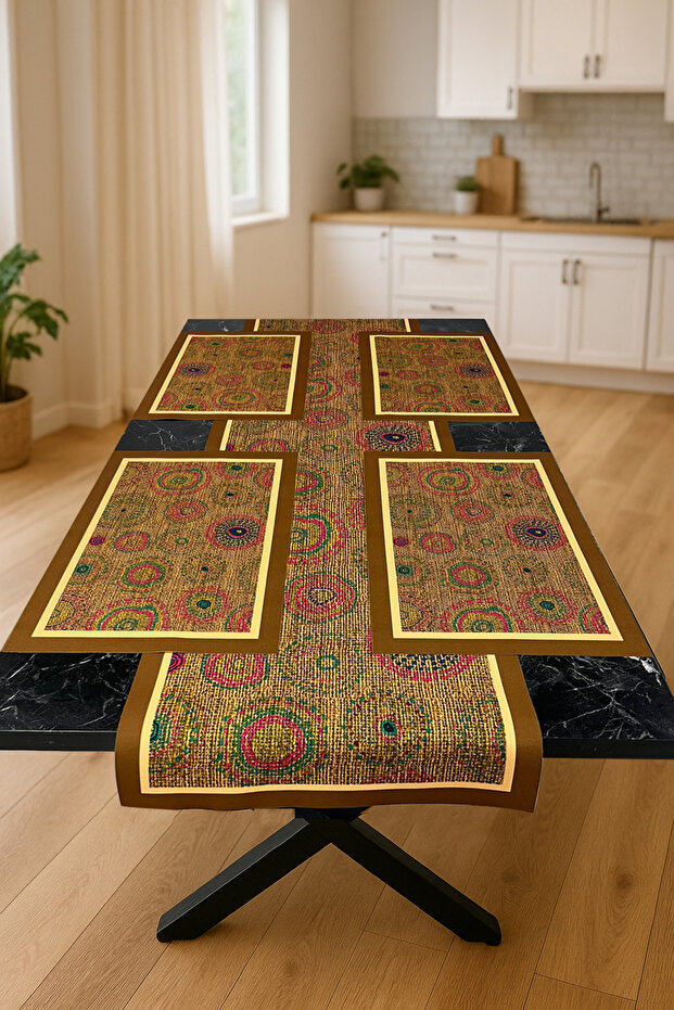 Gold Rings – 3D Authentic Patterned Table Runner & 4-Piece Supla Set