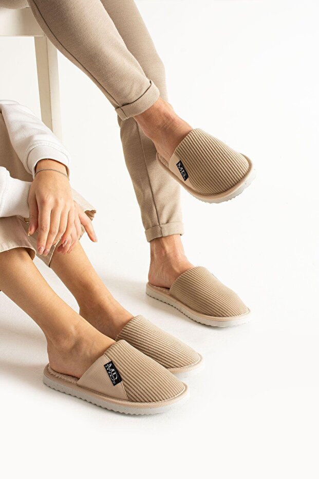 Unisex Beige Semi-Leather Wool Inside Slippers - 2