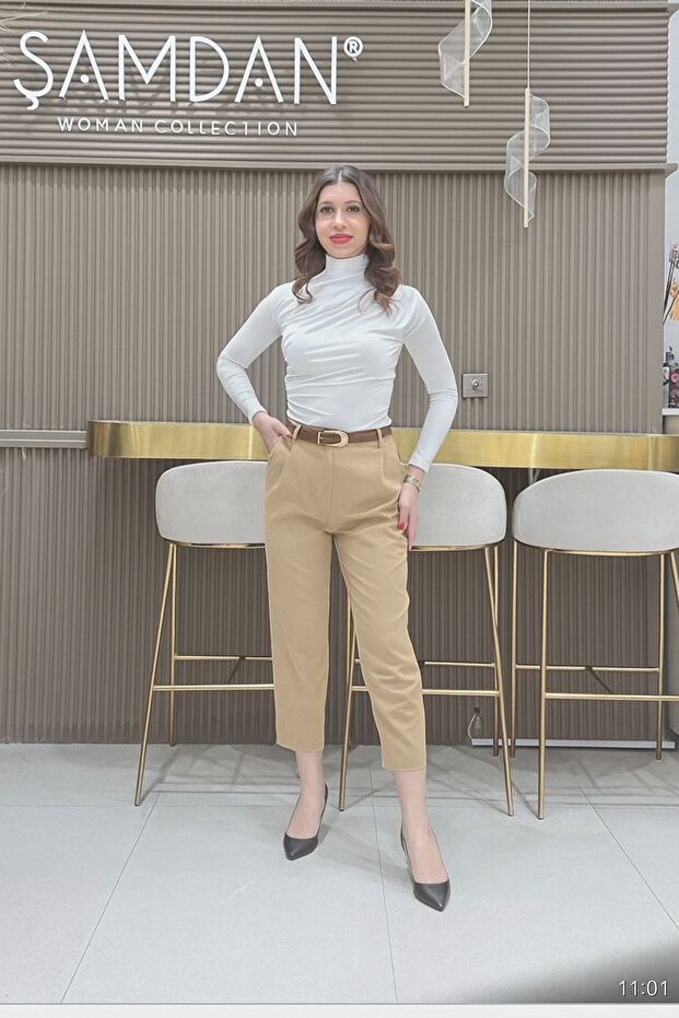 Beige Color Belt Detailed Long Classic Fit Women's Trousers