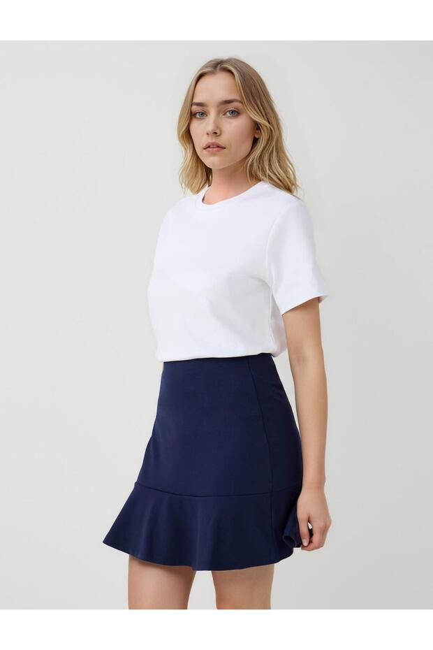 Lacivert Düz Kesim Normal Bel Mini Örme Etek - 4