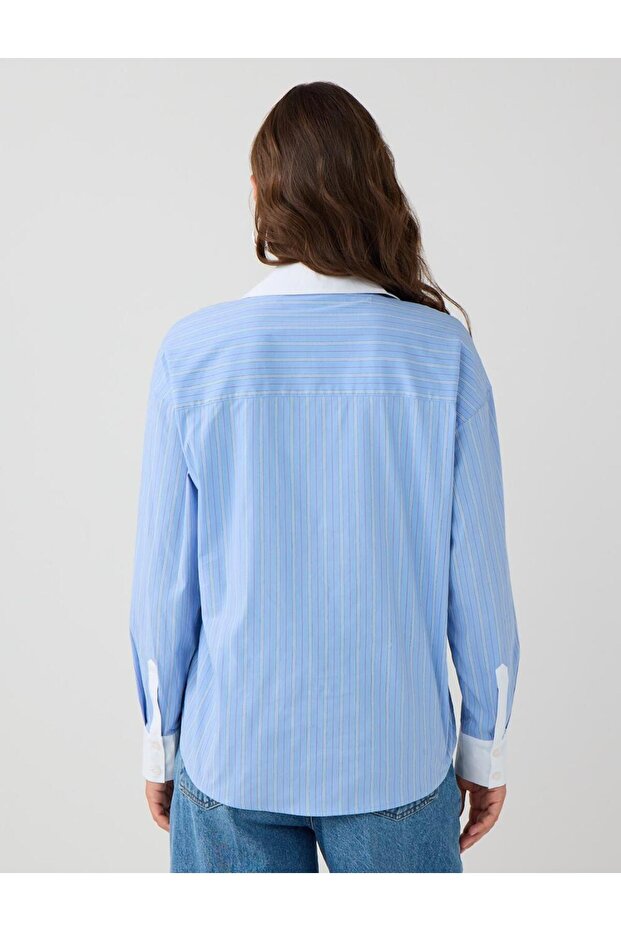 Açık Mavi Çizgi Desenli Uzun Kollu Dokuma Gömlek - 5