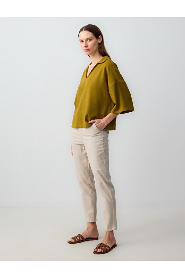 Taş Yüksek Bel Normal Paça Cepli Dokuma Pantolon - 1