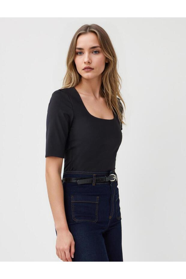 Siyah Dar Kesim Kare Yaka Dirsek Kol Örme Bluz - 4