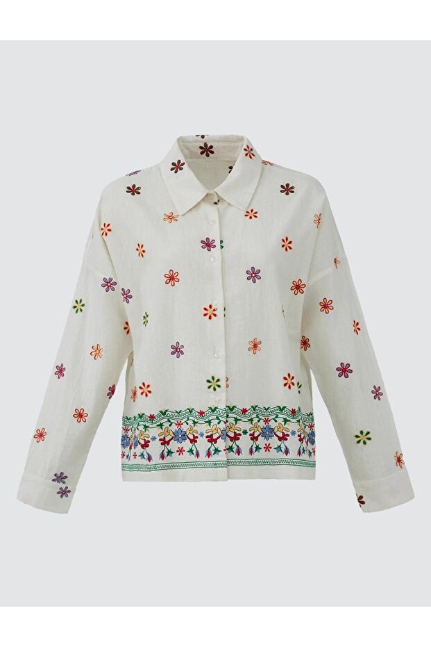 Ekru %100 Pamuk Çiçek Desenli Gömlek Yaka Dokuma Gömlek - 6