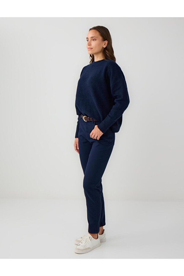 Lacivert Yüksek Bel Normal Paça Dokuma Pantolon - 2