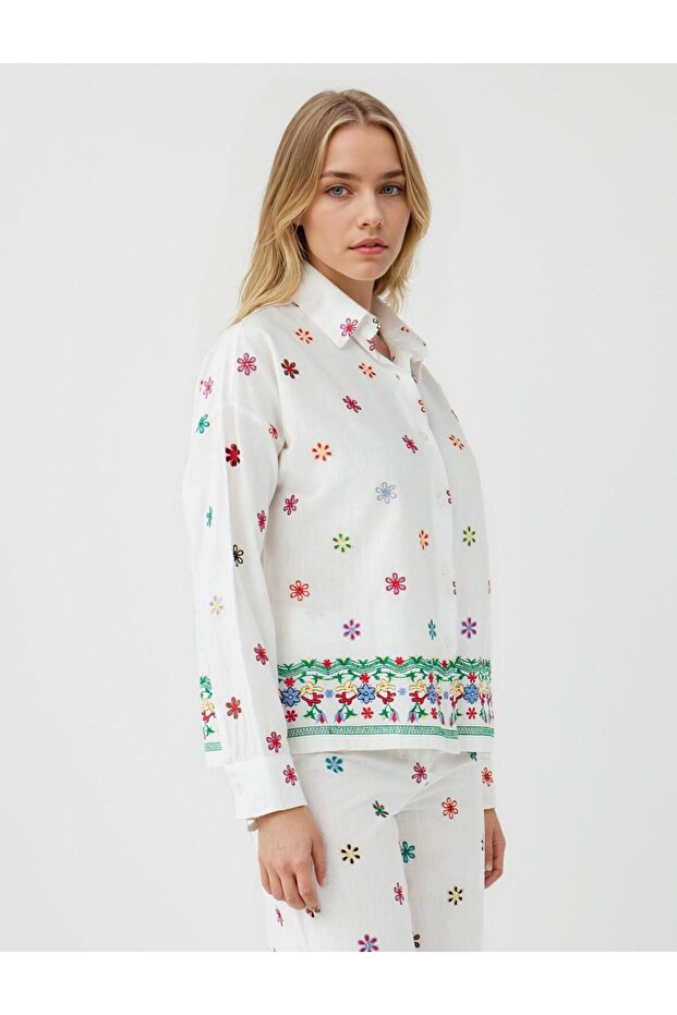 Ekru %100 Pamuk Çiçek Desenli Gömlek Yaka Dokuma Gömlek - 3