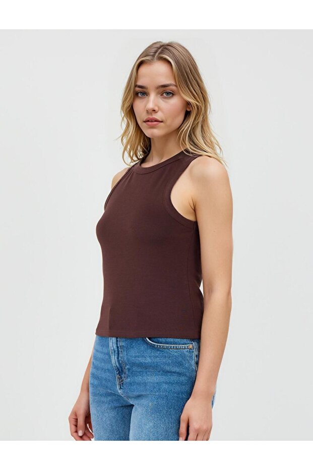 Acı Kahve Yuvarlak Yaka Dar Kesim Kolsuz Örme Atlet - 4