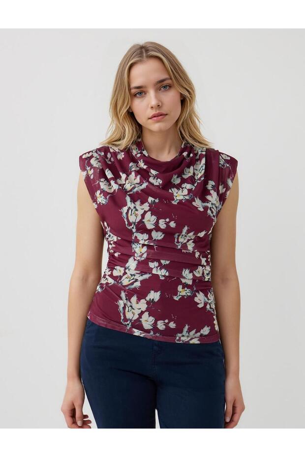 Bordo Dar Kesim Degaje Yaka Örme Bluz - 1