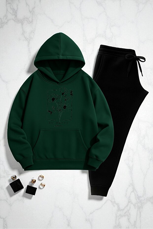 Unisex Be Happy Printed Oversize Sweatshirt Set