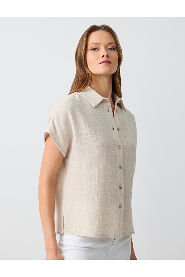 Bej Kısa Kollu Pamuklu Dokuma Gömlek - 3