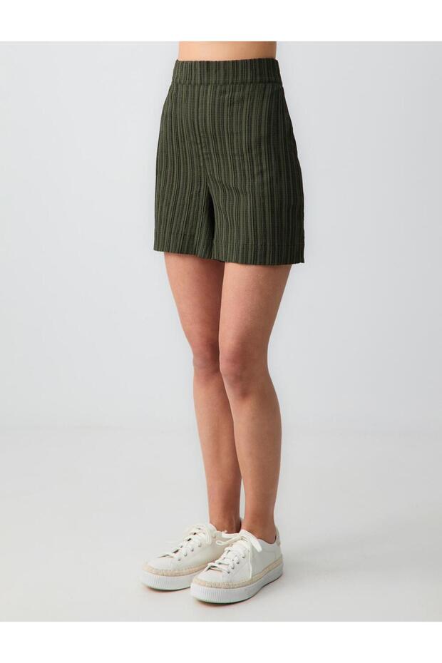 Haki Yüksek Bel Normal Paça Desenli Keten Karışımlı Şort - 5