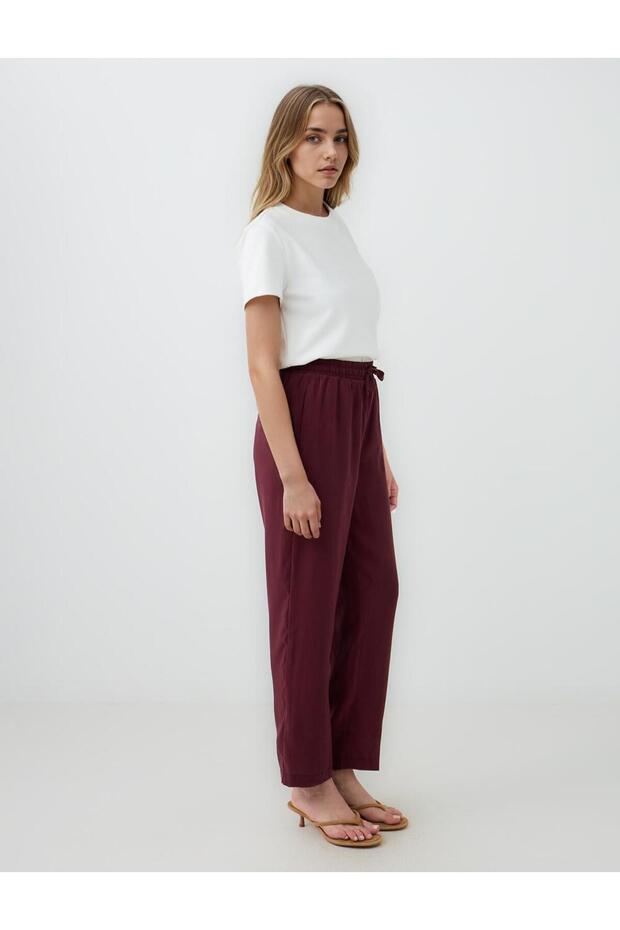 Bordo Yüksek Bel Normal Paça Modal Dokuma Pantolon - 3