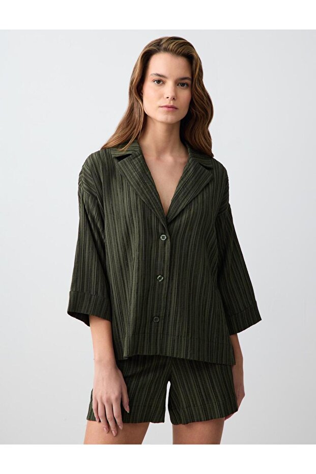 Haki Yüksek Bel Normal Paça Desenli Keten Karışımlı Şort - 1