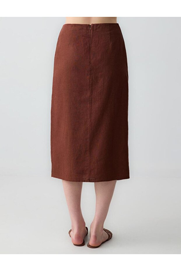 Acı Kahve %100 Keten Yüksek Bel Yırtmaç Detaylı Midi Etek - 6