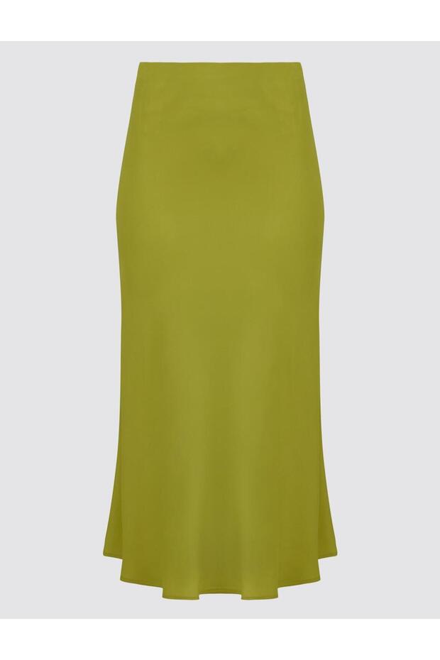 Limoni Yüksek Bel Midi Saten Etek - 7