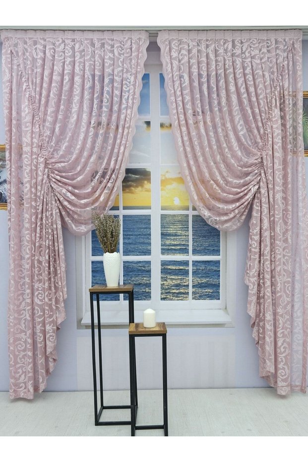Drawstring 2-Wing Tulle Background Curtain Powder Pink
