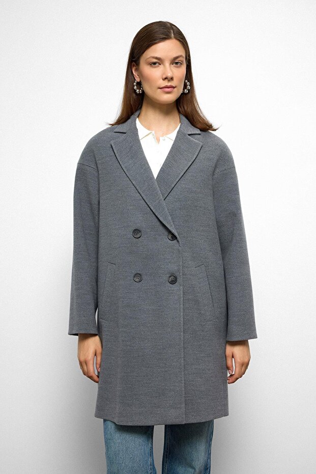 Patterned Lined Oversize Double Breasted Coat Gray 3095 - 6