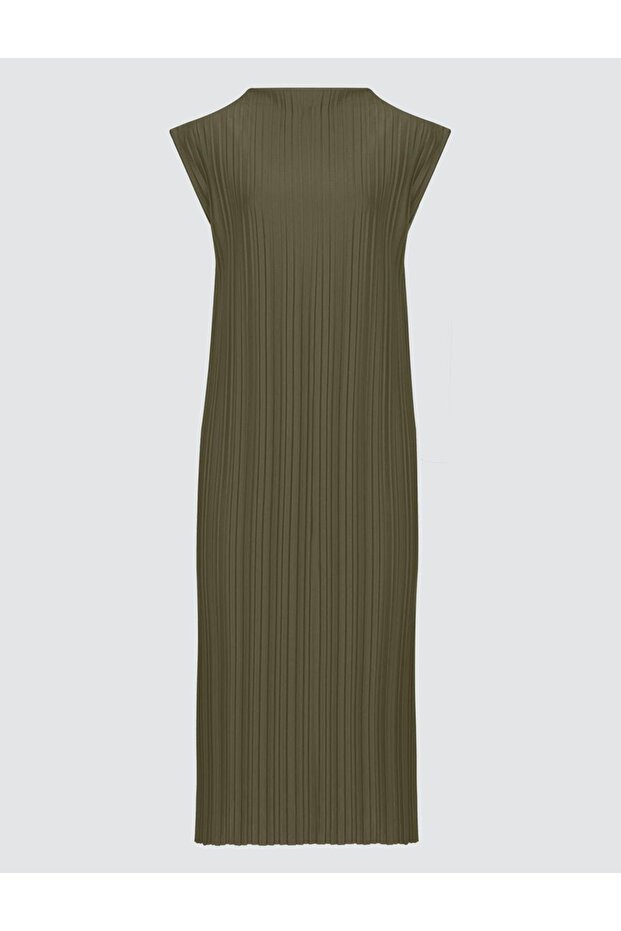 Haki Sıfır Yaka Rahat Kesim Piliseli Örme Midi Elbise - 6