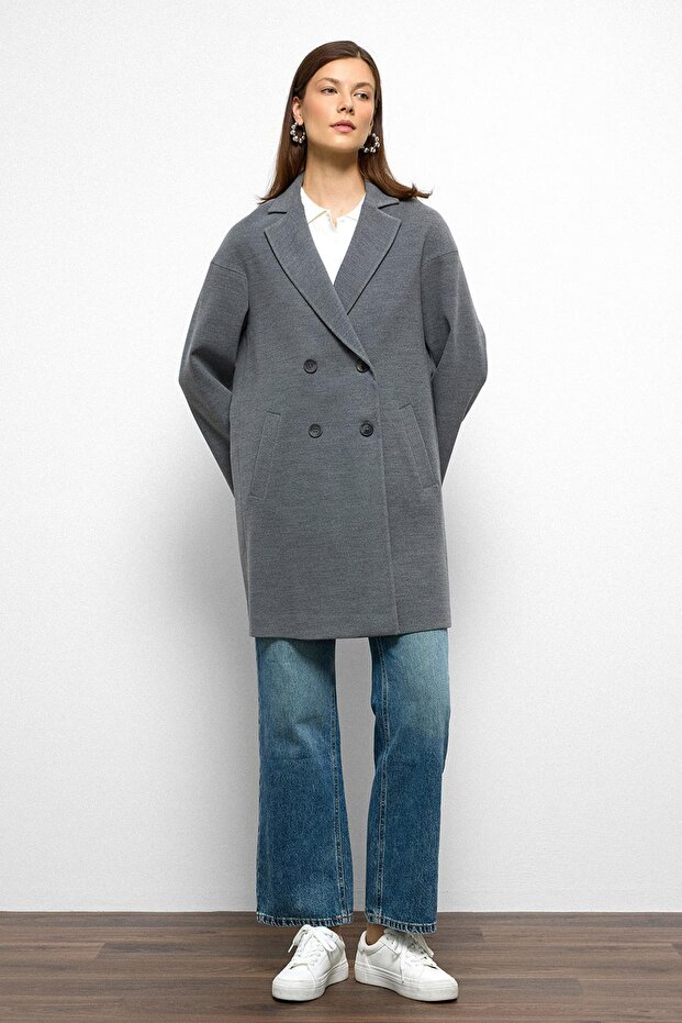 Patterned Lined Oversize Double Breasted Coat Gray 3095 - 5